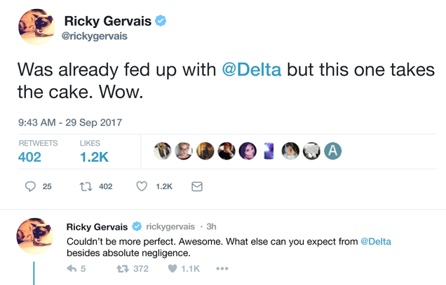 Illustration for article titled Oh No: Ricky Gervais Is Currently Having A Twitter Meltdown Because The Airplane He’s On Does Not Have An Anchor
